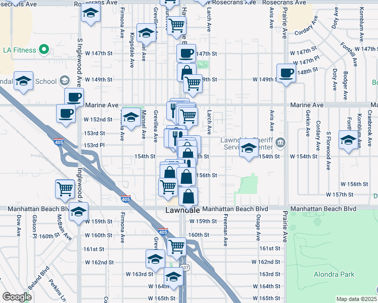 map of restaurants, bars, coffee shops, grocery stores, and more near 4338 154th Street in Lawndale