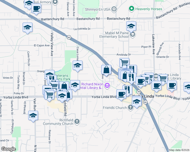 map of restaurants, bars, coffee shops, grocery stores, and more near 4792 Wisteria Drive in Yorba Linda