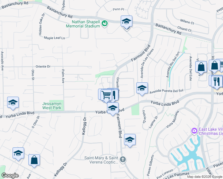 map of restaurants, bars, coffee shops, grocery stores, and more near 4774 Serrente Plaza in Yorba Linda