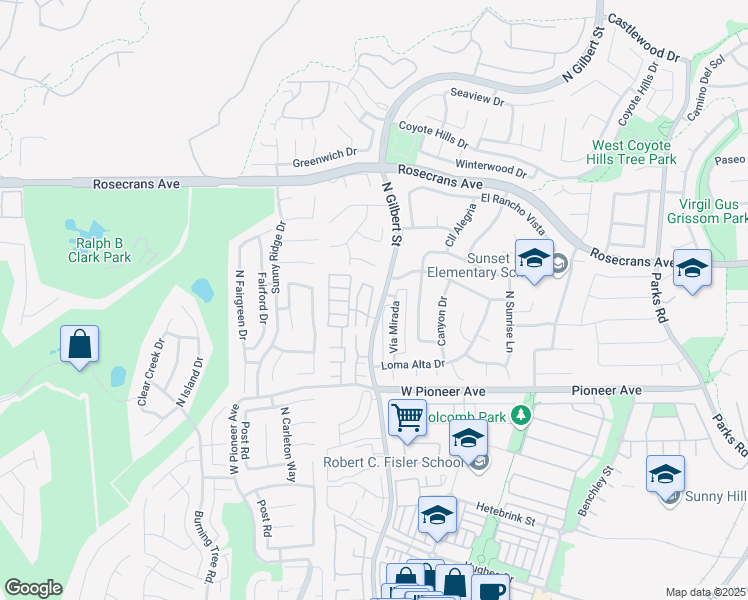 map of restaurants, bars, coffee shops, grocery stores, and more near 1723 North Gilbert Street in Fullerton