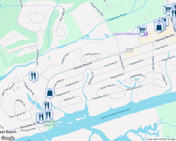 map of restaurants, bars, coffee shops, grocery stores, and more near 413 Bayberry Ln in Sunset Beach