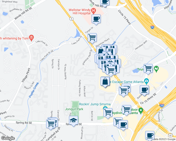 map of restaurants, bars, coffee shops, grocery stores, and more near 2350 Cobb Parkway Southeast in Smyrna