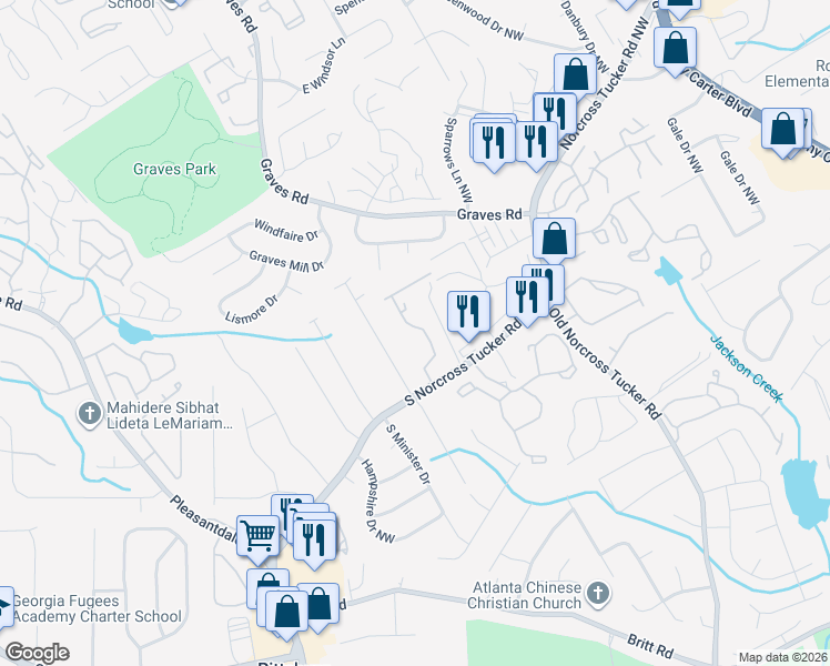 map of restaurants, bars, coffee shops, grocery stores, and more near 1432 Branch Drive in Tucker