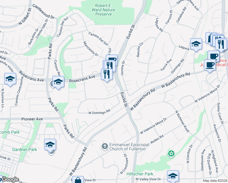 map of restaurants, bars, coffee shops, grocery stores, and more near Citron Road in Fullerton