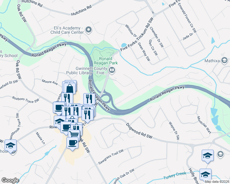 map of restaurants, bars, coffee shops, grocery stores, and more near 2828 Five Forks Trickum Road Southwest in Lawrenceville