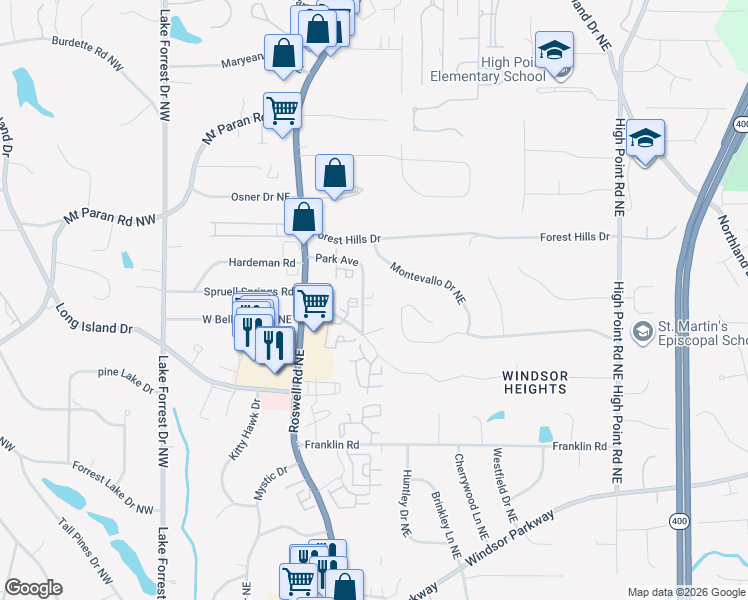 map of restaurants, bars, coffee shops, grocery stores, and more near 297 Forest valley court in Atlanta