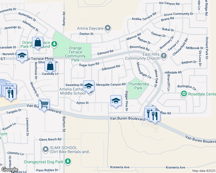 map of restaurants, bars, coffee shops, grocery stores, and more near 20307 Mesquite Canyon Road in Riverside