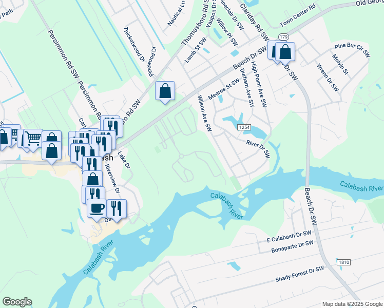 map of restaurants, bars, coffee shops, grocery stores, and more near 9375 Beach Drive Southwest in Calabash