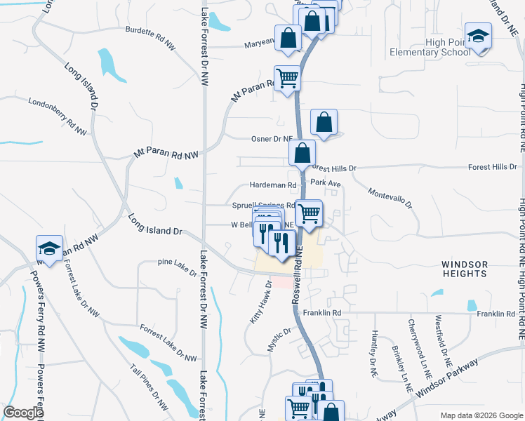 map of restaurants, bars, coffee shops, grocery stores, and more near 102 West Belle Isle Road Northeast in Sandy Springs