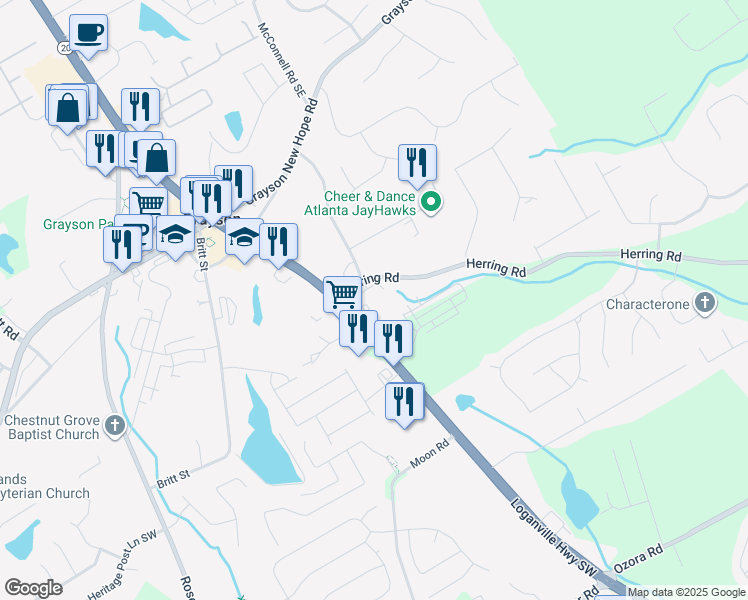 map of restaurants, bars, coffee shops, grocery stores, and more near 2270 Loganville Highway in Grayson