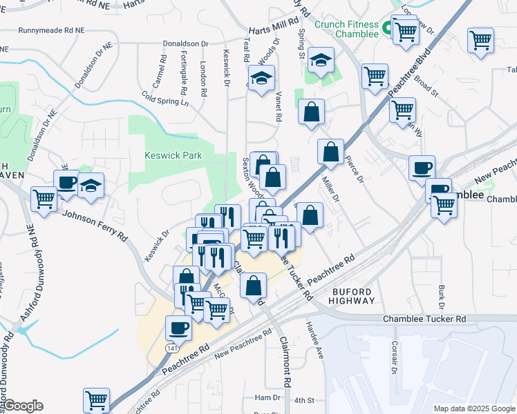 map of restaurants, bars, coffee shops, grocery stores, and more near 5158 Peachtree Industrial Boulevard in Atlanta
