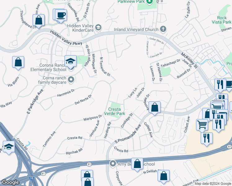 map of restaurants, bars, coffee shops, grocery stores, and more near 786 Samantha Circle in Corona