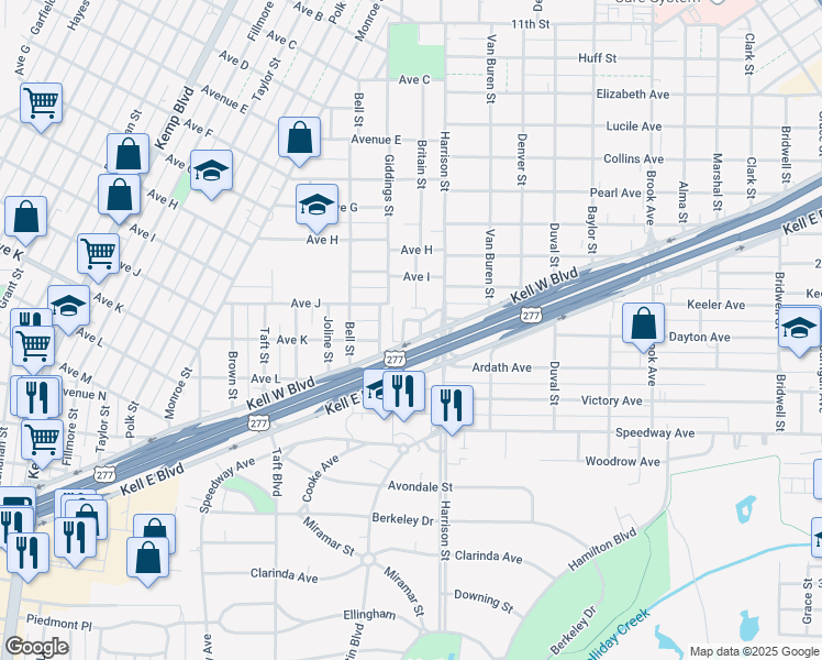 map of restaurants, bars, coffee shops, grocery stores, and more near 2112 Kell West Boulevard in Wichita Falls