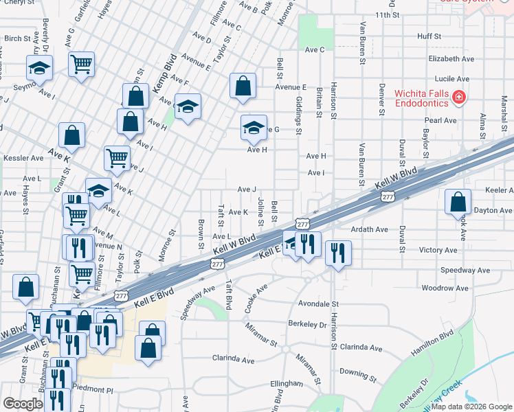 map of restaurants, bars, coffee shops, grocery stores, and more near 2149 Avenue K in Wichita Falls