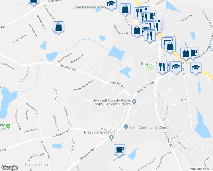 map of restaurants, bars, coffee shops, grocery stores, and more near 1950 Reserve Drive in Grayson