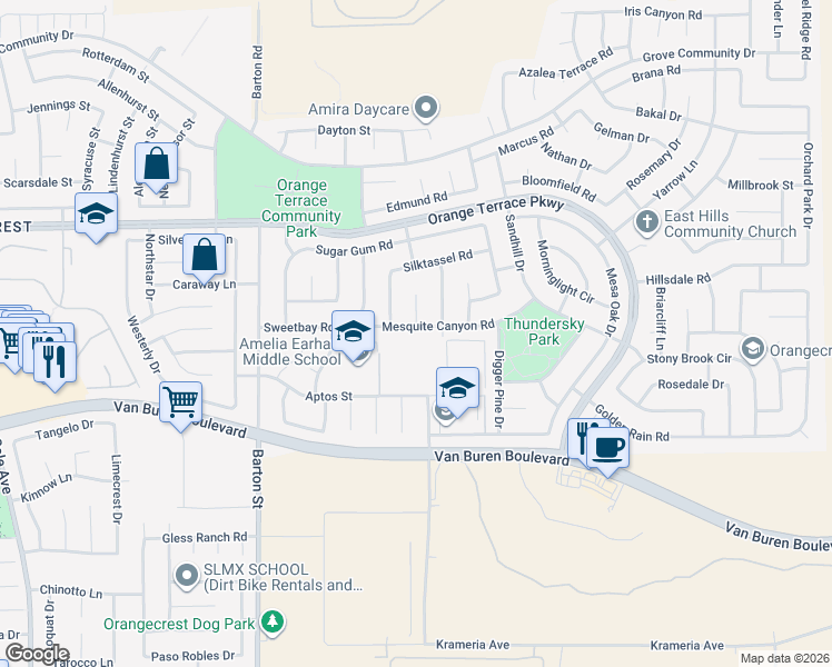 map of restaurants, bars, coffee shops, grocery stores, and more near 20307 Mesquite Canyon Road in Riverside