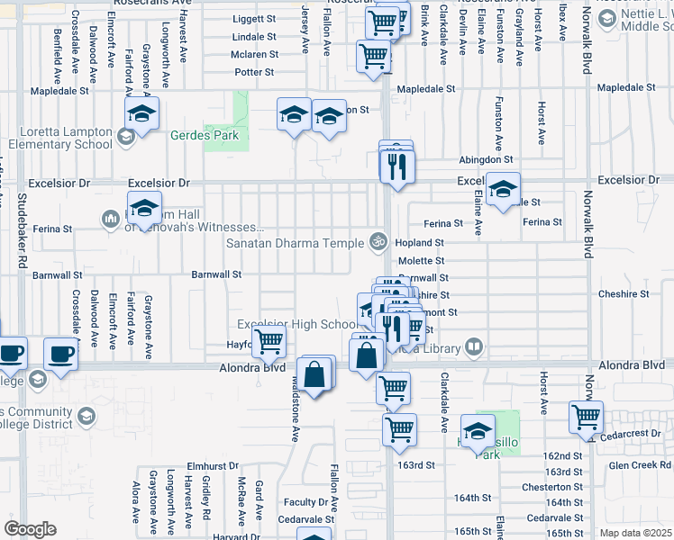 map of restaurants, bars, coffee shops, grocery stores, and more near 11669 Barnwall Street in Norwalk