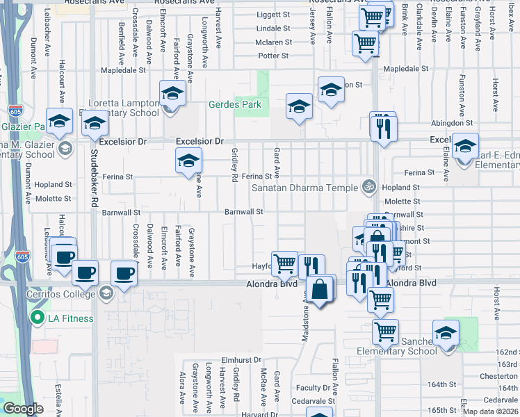 map of restaurants, bars, coffee shops, grocery stores, and more near 11460 Barnwall Street in Norwalk