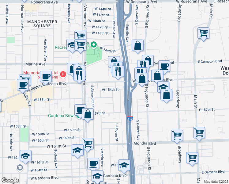 map of restaurants, bars, coffee shops, grocery stores, and more near 15421 Bonsallo Avenue in Gardena