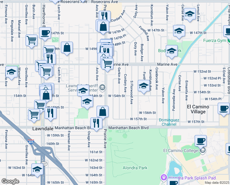 map of restaurants, bars, coffee shops, grocery stores, and more near 15402 Roselle Avenue in Lawndale