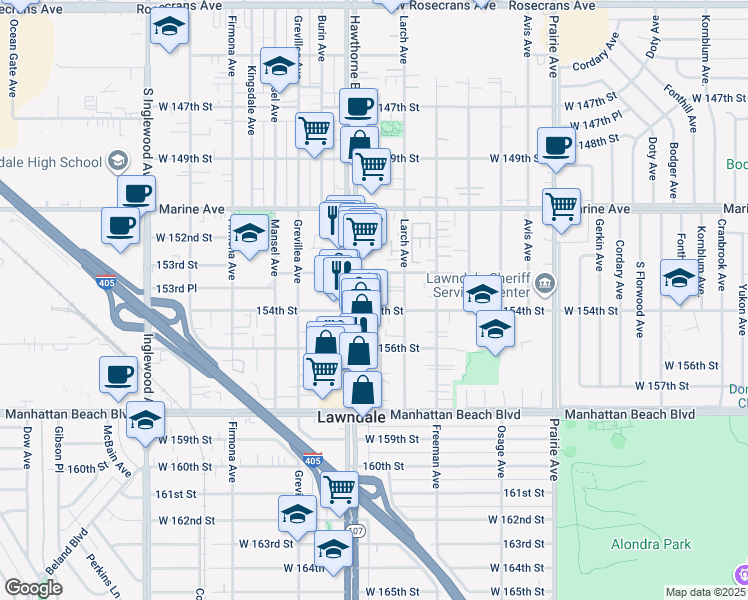 map of restaurants, bars, coffee shops, grocery stores, and more near 4338 154th Street in Lawndale