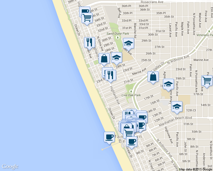 map of restaurants, bars, coffee shops, grocery stores, and more near 124 21st Place in Manhattan Beach
