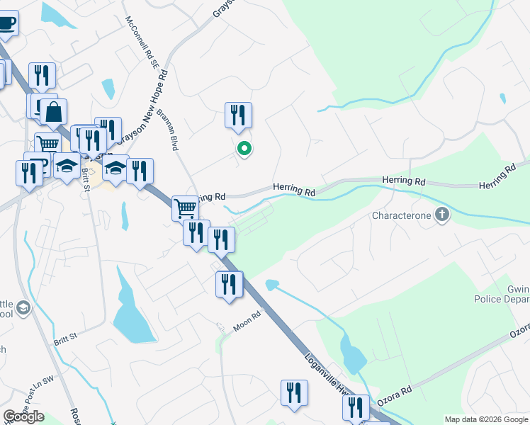 map of restaurants, bars, coffee shops, grocery stores, and more near 189 Mission Oak Drive Southeast in Grayson
