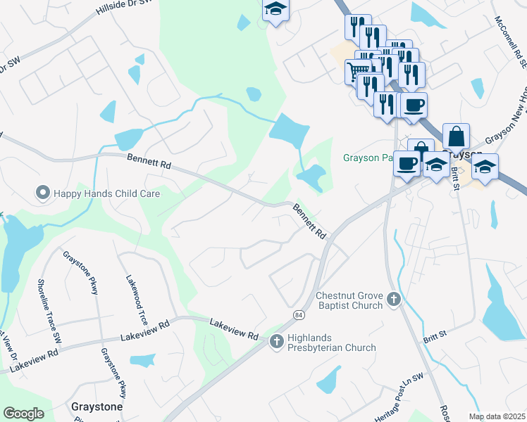 map of restaurants, bars, coffee shops, grocery stores, and more near 1950 Reserve Drive in Grayson