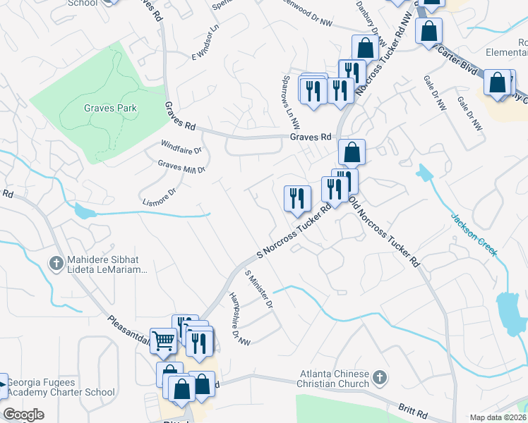 map of restaurants, bars, coffee shops, grocery stores, and more near 1329 Branch Drive in Tucker