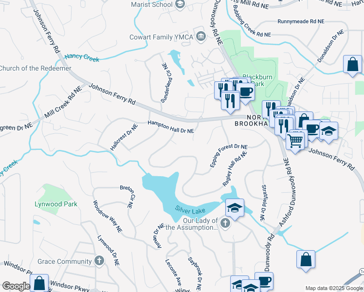 map of restaurants, bars, coffee shops, grocery stores, and more near 3460 Wycherly Court Northeast in Atlanta