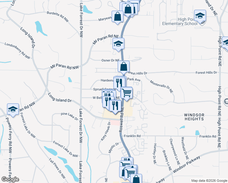 map of restaurants, bars, coffee shops, grocery stores, and more near 148 West Belle Isle Road Northeast in Atlanta
