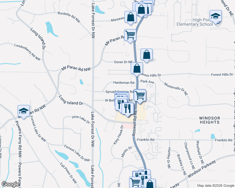 map of restaurants, bars, coffee shops, grocery stores, and more near 102 West Belle Isle Road Northeast in Sandy Springs