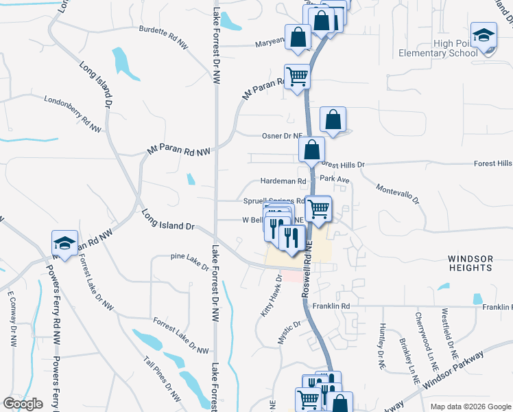 map of restaurants, bars, coffee shops, grocery stores, and more near 75 Spruell Springs Road in Atlanta