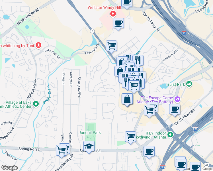 map of restaurants, bars, coffee shops, grocery stores, and more near 1304 Ridgecrest Lane Southeast in Smyrna