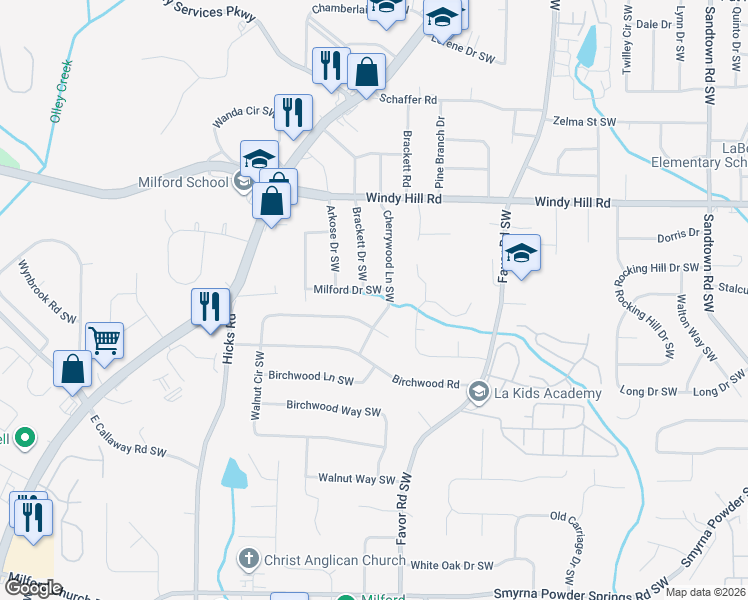 map of restaurants, bars, coffee shops, grocery stores, and more near 2585 Cherrywood Lane Southwest in Marietta
