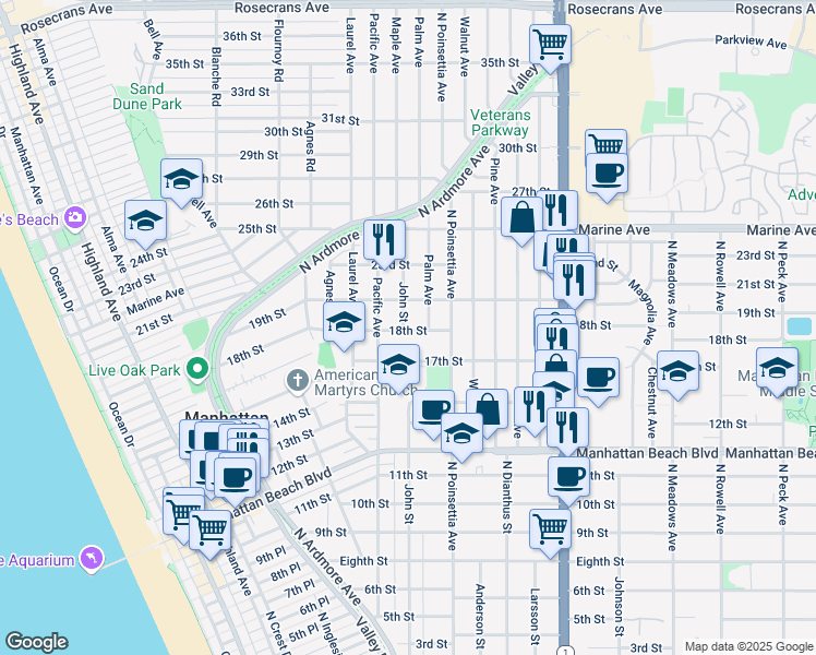 map of restaurants, bars, coffee shops, grocery stores, and more near 1800 John Street in Manhattan Beach