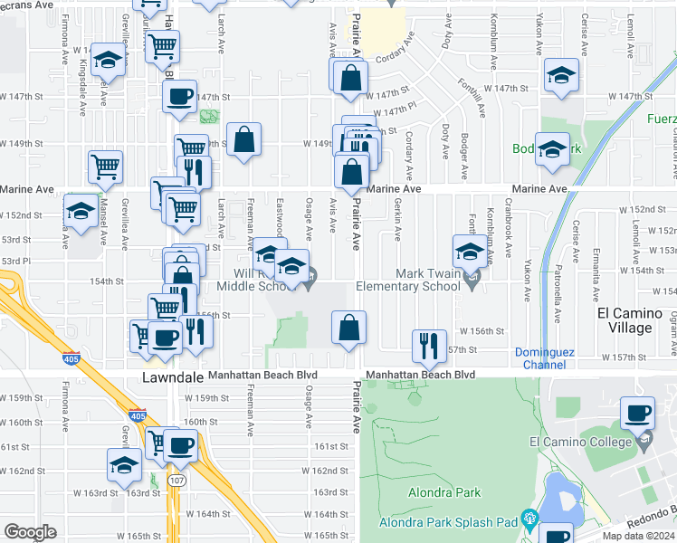 map of restaurants, bars, coffee shops, grocery stores, and more near 15336 Avis Avenue in Lawndale