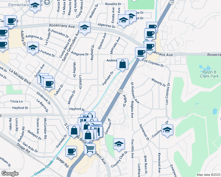 map of restaurants, bars, coffee shops, grocery stores, and more near 4724 Madrid in Buena Park