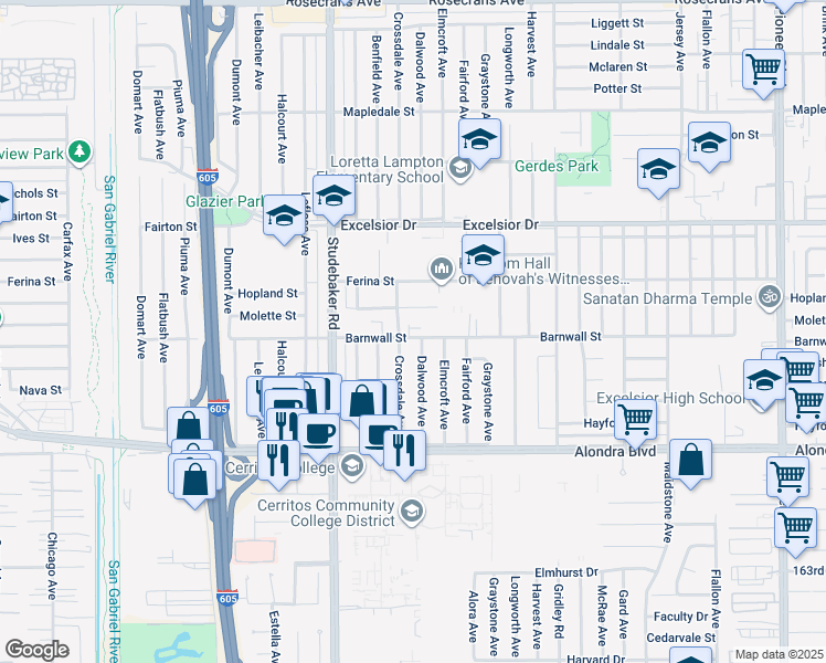 map of restaurants, bars, coffee shops, grocery stores, and more near 11113 Barnwall Street in Norwalk