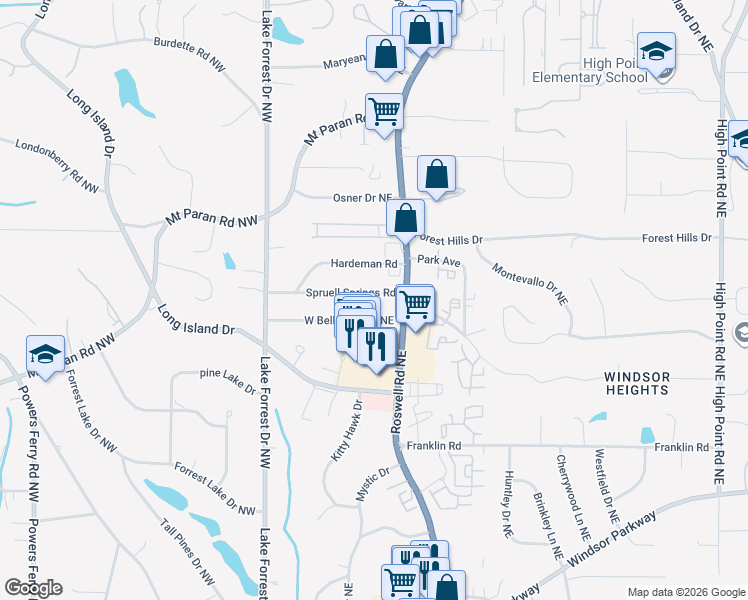 map of restaurants, bars, coffee shops, grocery stores, and more near 148 West Belle Isle Road Northeast in Atlanta