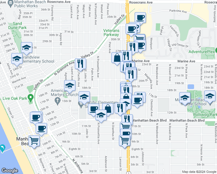 map of restaurants, bars, coffee shops, grocery stores, and more near 1801 Pine Avenue in Manhattan Beach