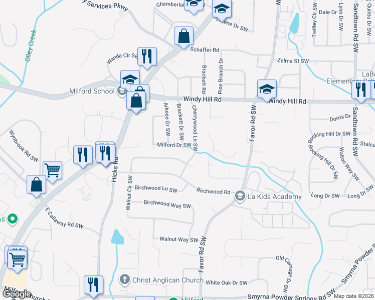 map of restaurants, bars, coffee shops, grocery stores, and more near 2585 Cherrywood Lane Southwest in Marietta