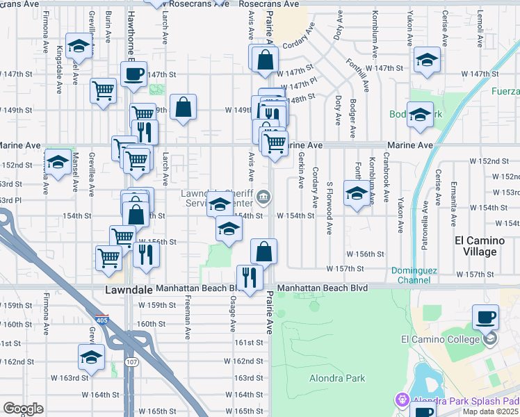 map of restaurants, bars, coffee shops, grocery stores, and more near 15334 Avis Avenue in Lawndale