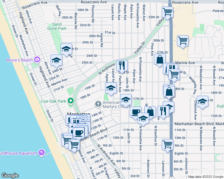 map of restaurants, bars, coffee shops, grocery stores, and more near 1801 Laurel Avenue in Manhattan Beach