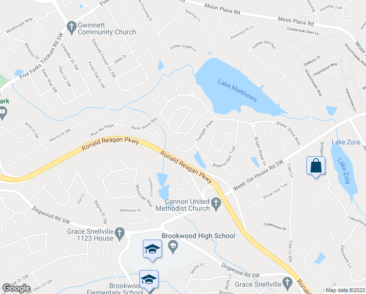 map of restaurants, bars, coffee shops, grocery stores, and more near 2553 Twilight View in Snellville