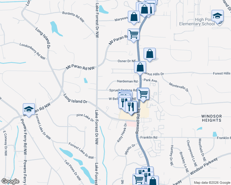 map of restaurants, bars, coffee shops, grocery stores, and more near 75 Spruell Springs Road in Atlanta