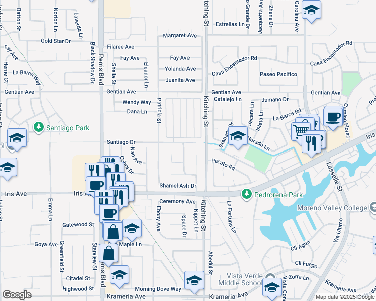 map of restaurants, bars, coffee shops, grocery stores, and more near 15756 Farmstead Street in Moreno Valley