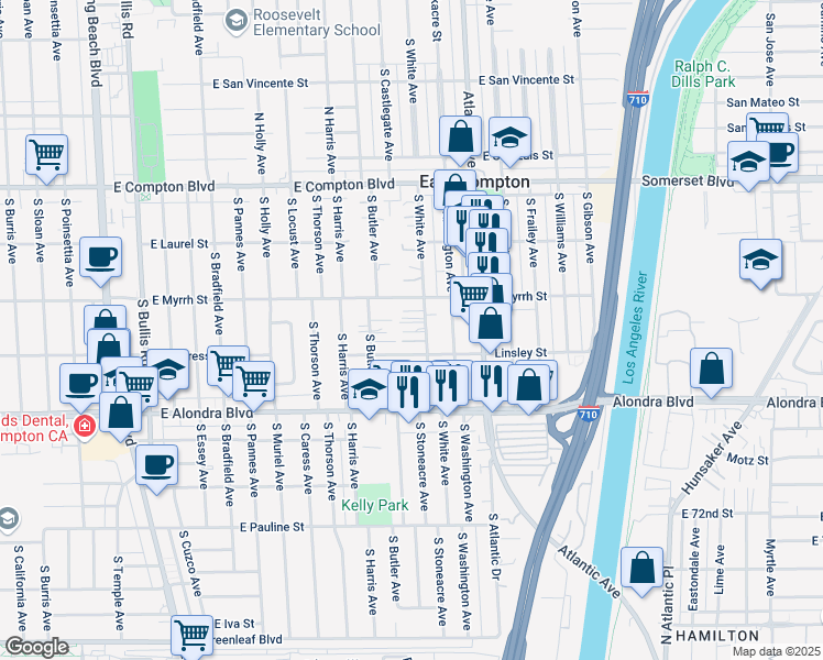 map of restaurants, bars, coffee shops, grocery stores, and more near 15613 South White Avenue in East Compton