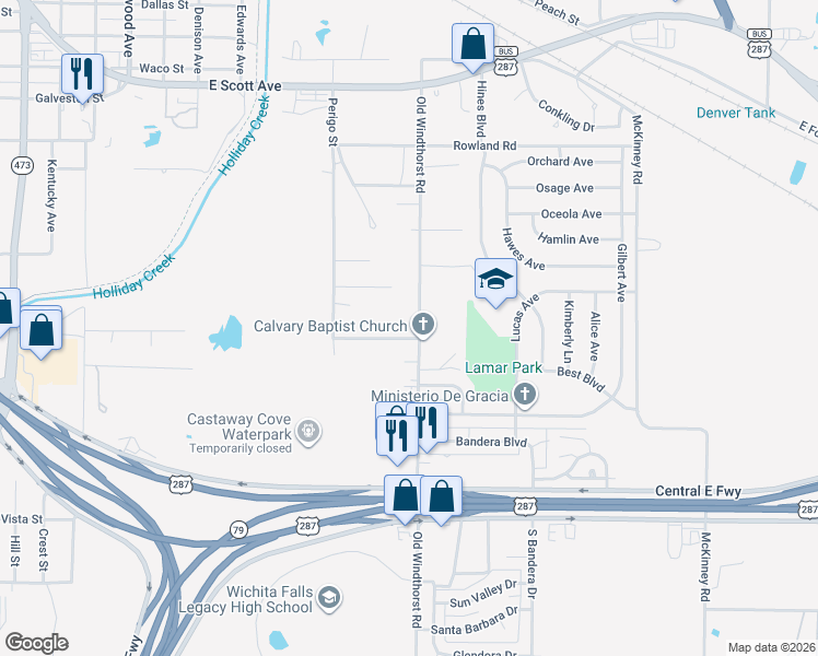 map of restaurants, bars, coffee shops, grocery stores, and more near 1123 Ireland Street in Wichita Falls