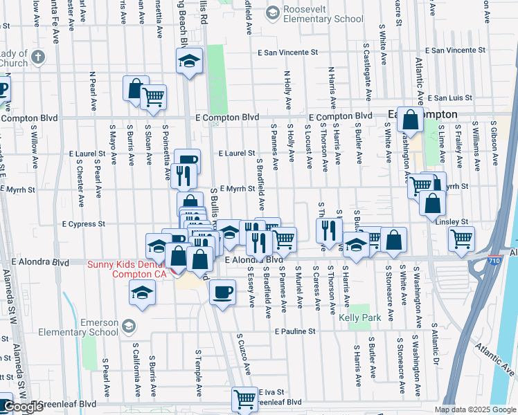 map of restaurants, bars, coffee shops, grocery stores, and more near 601 South Bradfield Avenue in Compton